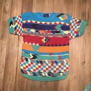 Woman's Large Oversized Technicolor Maximalist Chunky‎ Sweater 90s 80s Abstract